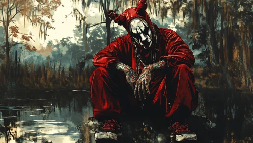 Hooded jester figure broods by swamp at dusk in red garb.