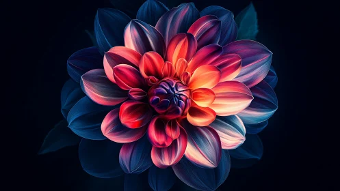 Radially symmetric neon dahlia rendered with high contrast gradients