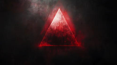 Red neon triangle hums like an omen in smoky dark space