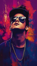 Urban portrait of man in sunglasses with neon colors.