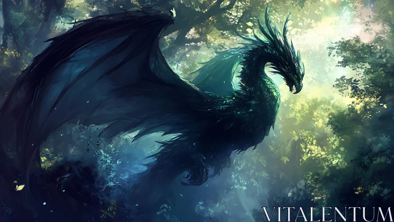 Emerald dragon silhouette in luminous forest clearing.