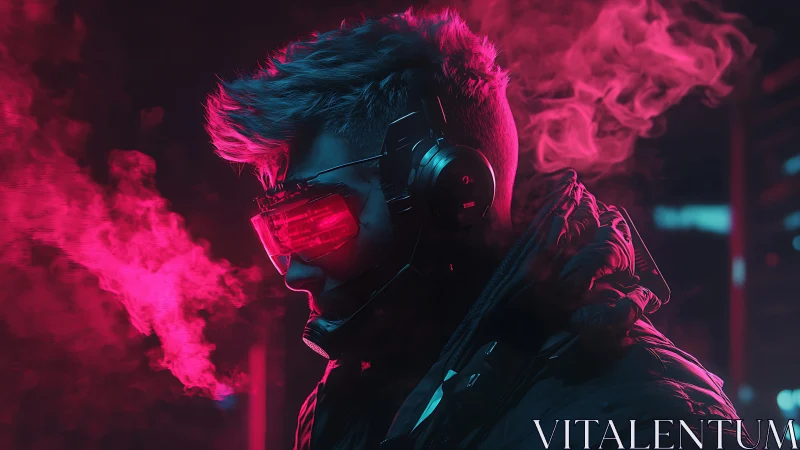 Profile view shows subject in neon headset and visor gear