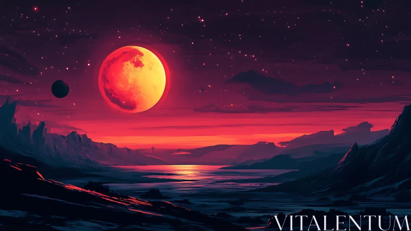 Alien coastline glows beneath a blazing crimson moon.