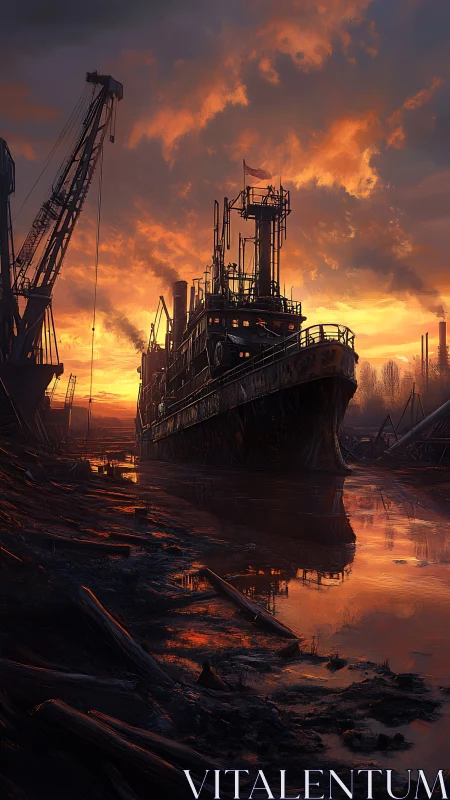 Rusting industrial shipyard under dramatic volumetric sunset sky