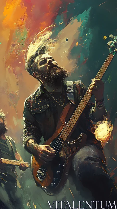 Dynamic bass guitarist in mid-jump framed by expressive brushstroke light