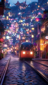 Night tram glides through neon lantern street in fantasy town