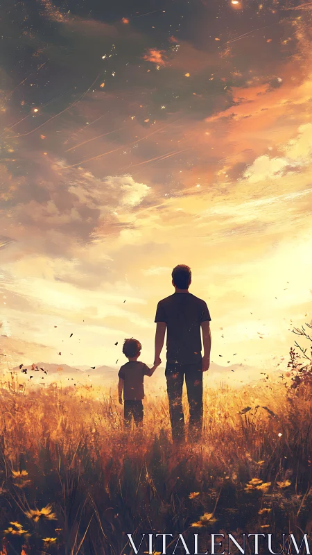 Golden evening sky welcomes a father and child homeward