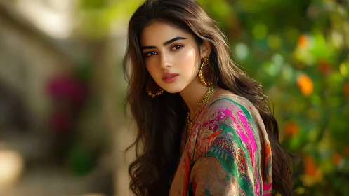 Portrait of woman in patterned shawl outdoors at daytime.