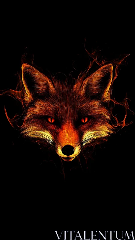 Flaming fox portrait emerging from darkness in neon fire.