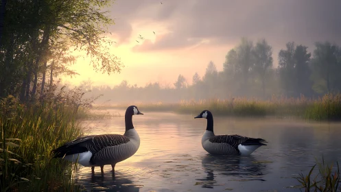 Serene Canada geese in photoreal dawn wetland composition
