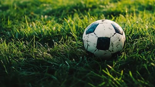 Sunlit soccer ball rests quietly on a lush green field