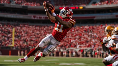 Wide receiver airborne catch in crowded NFL stadium.