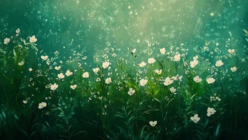 Pastoral Botanical Study: Cream Flowers Against Emerald Field.