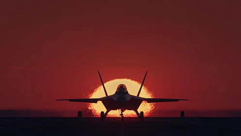 Stealth jet frontal silhouette aligned with low red sunset disk