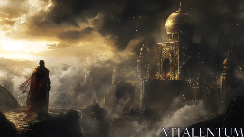 Cloaked Wanderer Overlooks Gilded Citadel in Stormlight.