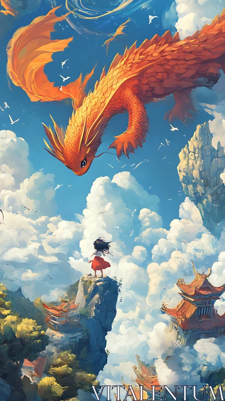 Girl on mountain peak facing large orange dragon overhead.