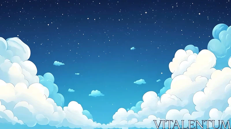 Cartoon sky shows layered cumulus clouds under starry night