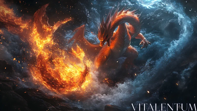 Fiery dragon unleashes blazing power amid stormy ocean clash