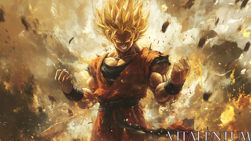 Fiery anime warrior surges forward in a storm of power.