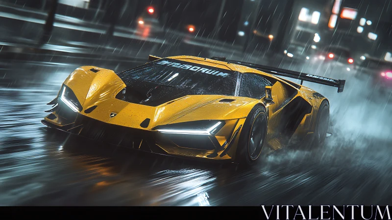 Yellow racing supercar on wet city street in heavy rain.