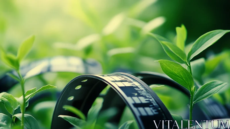 Celluloid film curling through vibrant green leaves outdoors.