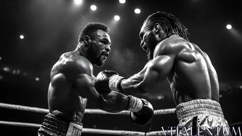 Professional Boxing Match: Two Athletes in Dramatic Combat Arena Confrontation.