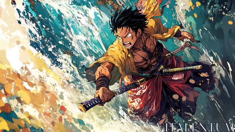 Storm-charged swordsman surging through splashing waves.