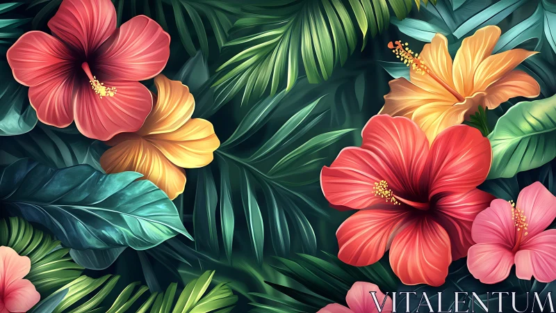 Tropical Blooms Dancing Among Lush Emerald Leaves