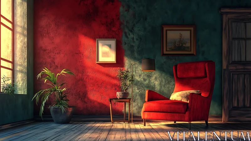 Red armchair in moody sunlit living room corner interior.