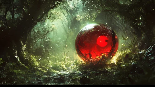Red reflective sphere resting in dense green forest clearing.