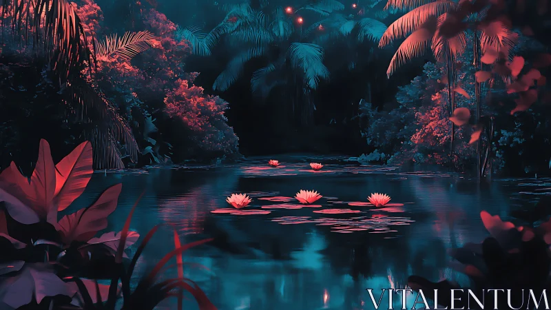 Bioluminescent lilies glow over neon cyan jungle lagoon.