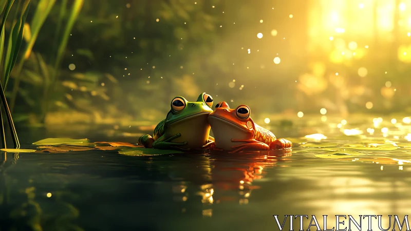 Two stylized frogs sit on lily pads in backlit pond water