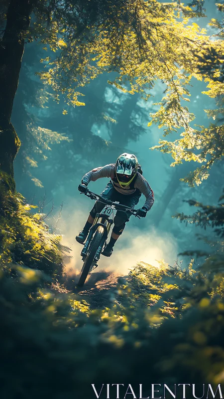 Mountain biker executing downhill descent through golden-lit forest canopy with dynamic motion blur 