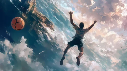 Young soccer player dives through swirling sky and sea
