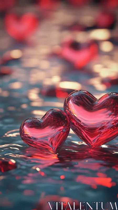 Glass hearts with light refraction and bokeh background blur