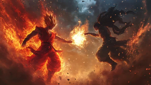 Fiery anime warriors collide in explosive sky duel.