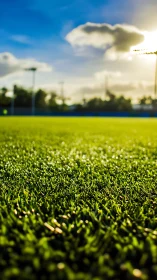 Sunlit sports field glows with fresh green grass at sunrise.
