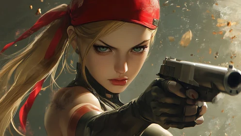 Female gunfighter portrait with dynamic combat lighting.