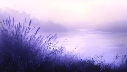 Lavender riverbank hush under a dreamy morning sky.