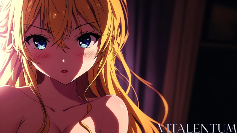Blonde anime girl with intense gaze in soft lighting.
