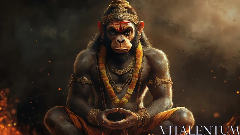 Simian sage of firelit stillness meditates in molten dusk