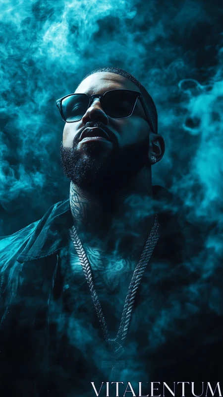 Bearded man in sunglasses stands in blue cinematic smoke