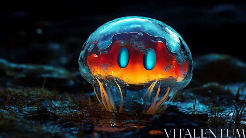 Translucent glowing blob organism on wet ground at night.