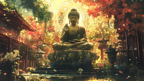 Radiant Buddha statue amid luminous autumn temple garden.