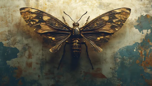 Golden moth sculpture against distressed textured wall backdrop.
