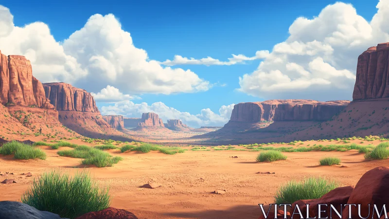 Sunlit desert canyon with soft clouds and gentle green brush.