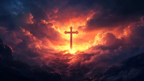 Radiant cross blazing through storm-swept twilight clouds.