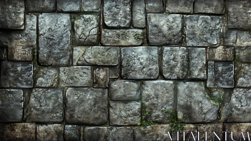 Weathered stone wall texture with moss and worn surfaces.