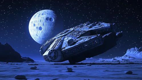 Detailed spaceship over icy terrain with artificial moon.