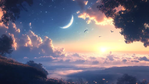 Dreamy dawn sky welcomes a crescent moon and rising sun